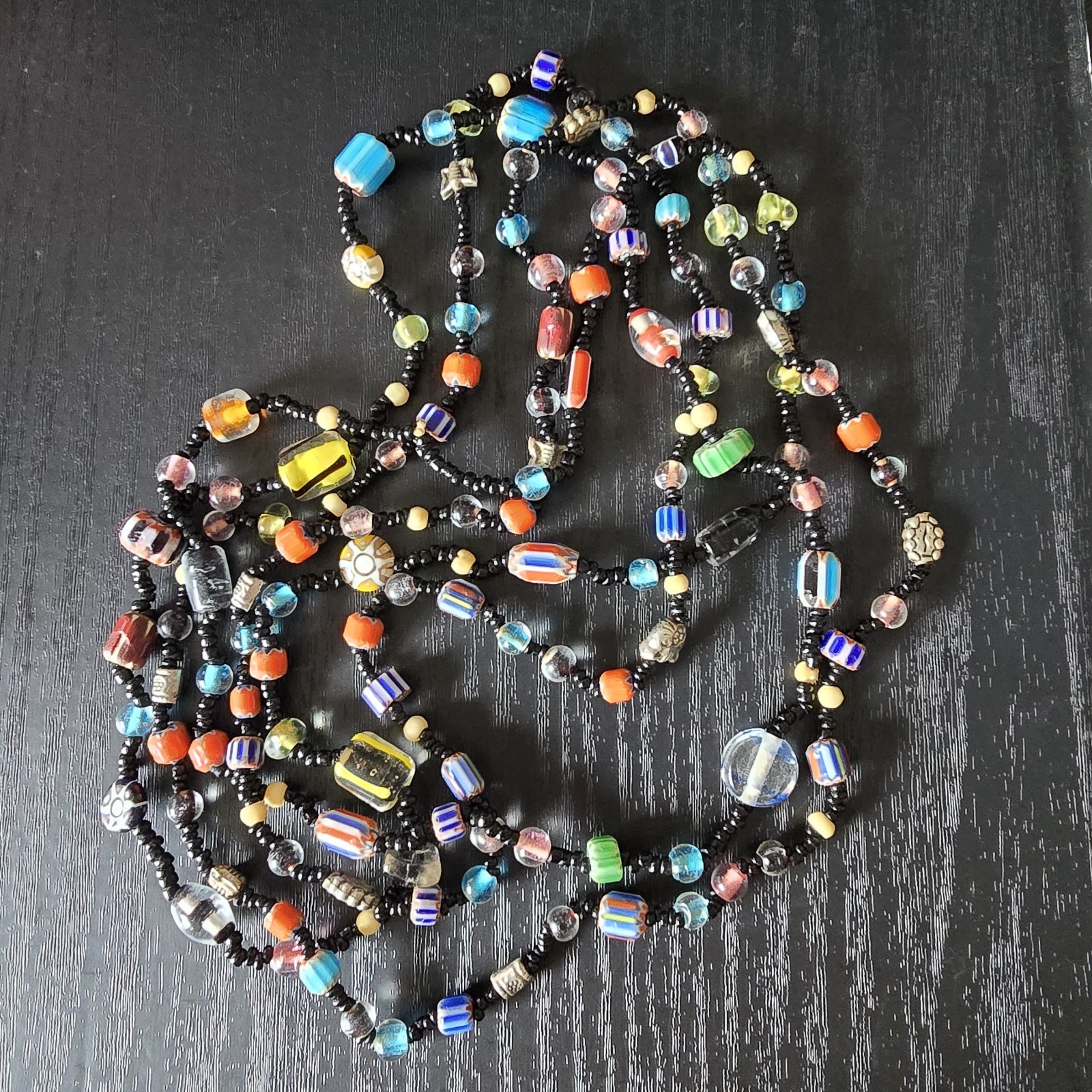 Set of 2 VTG Black Multi Colored Beaded Necklace Venetian Murano art Glass 38″
