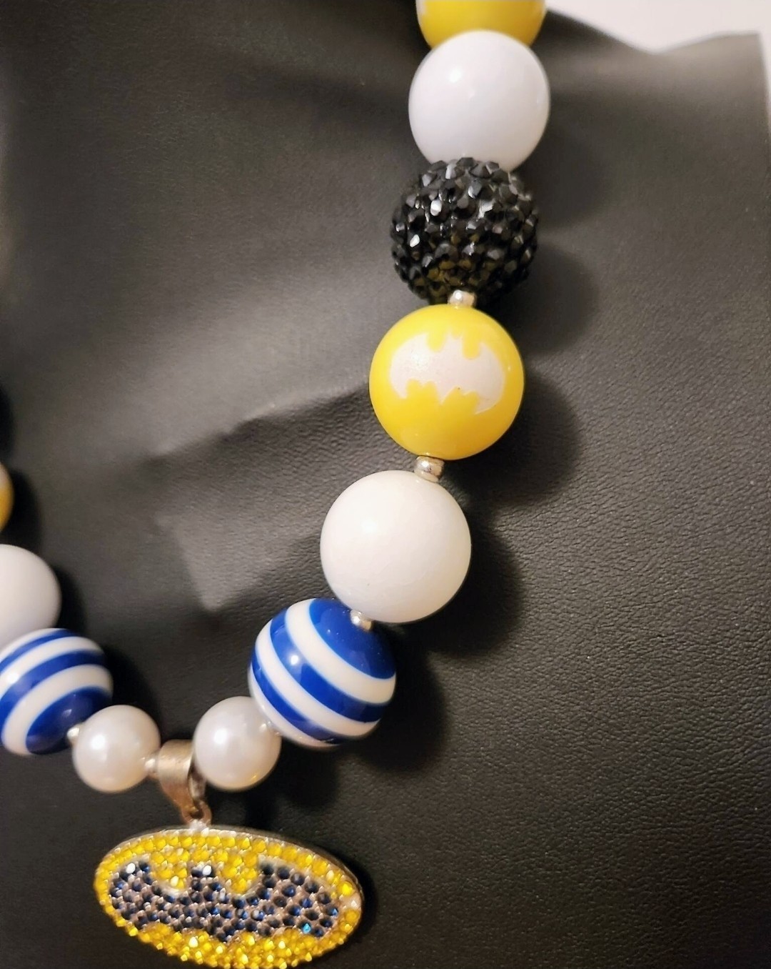 Vintage Authentic Batman Round Blue Yellow White Beaded Necklace With Pendant