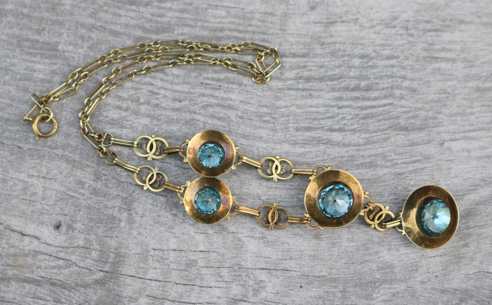 Antique Edwardian 14K Gold Round Vivid Blue Zircons with Seed Pearls Necklace