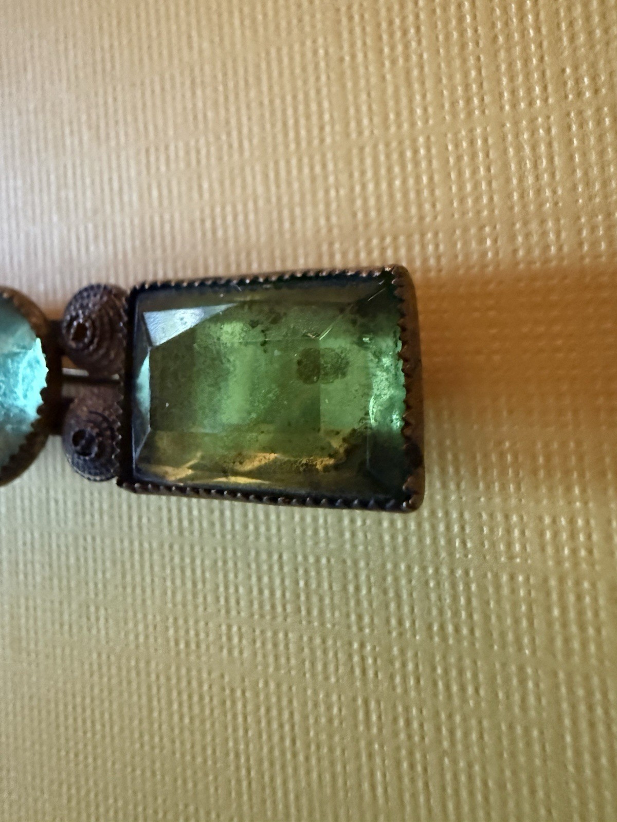 Antique 2” Art Deco Bar Brooch signed “CZECHSLOV” / 2 Green 1 Blue Glass Stones