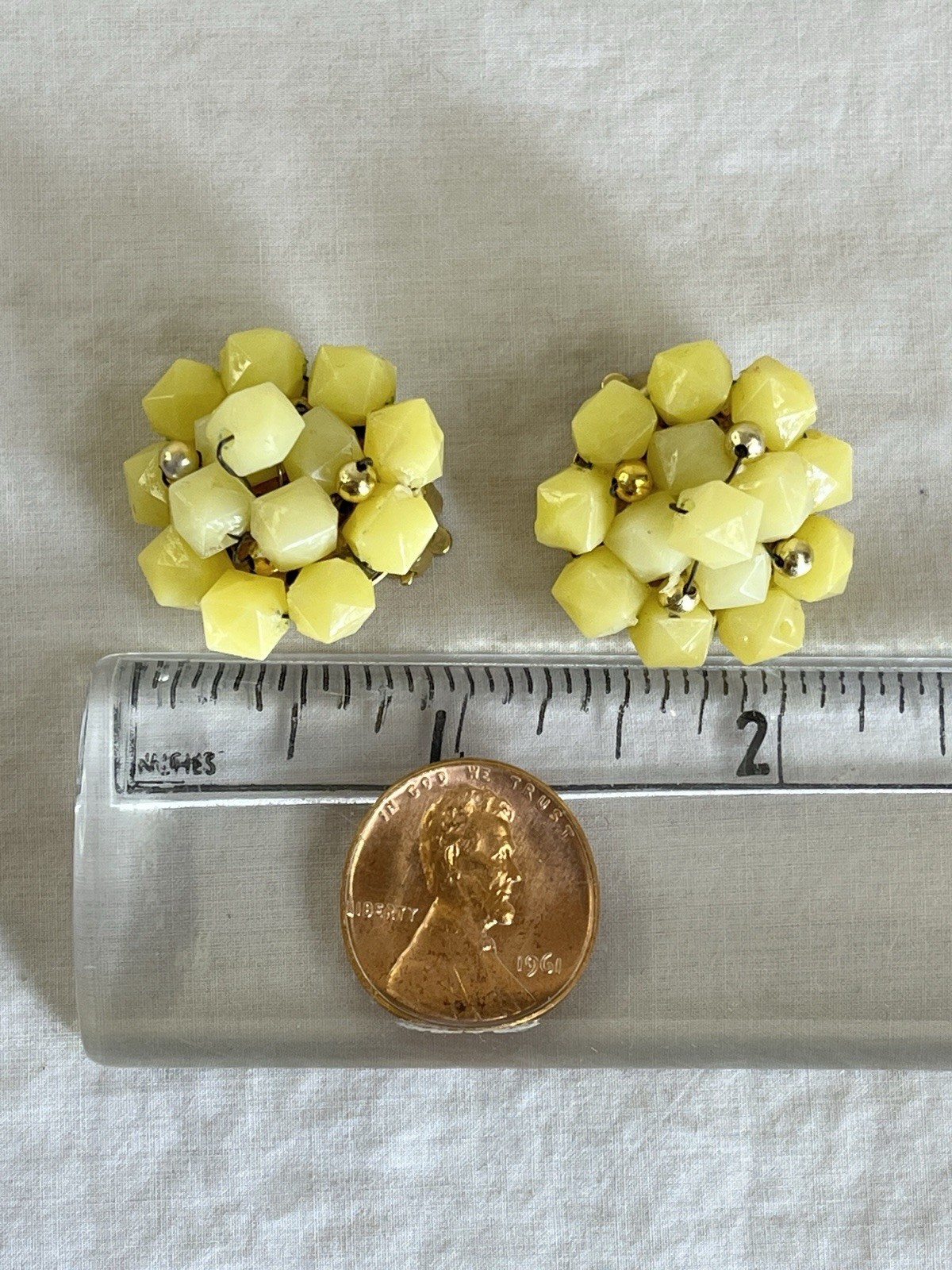 Hong Kong Yellow Beaded Necklace and Clip On Earrings Set Seven Strand Necklace