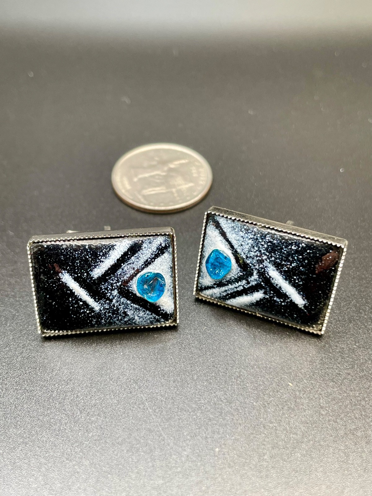 Vintage Mid Century Modernist Enamel Rectangle Silver Tone Cufflinks Art Glass