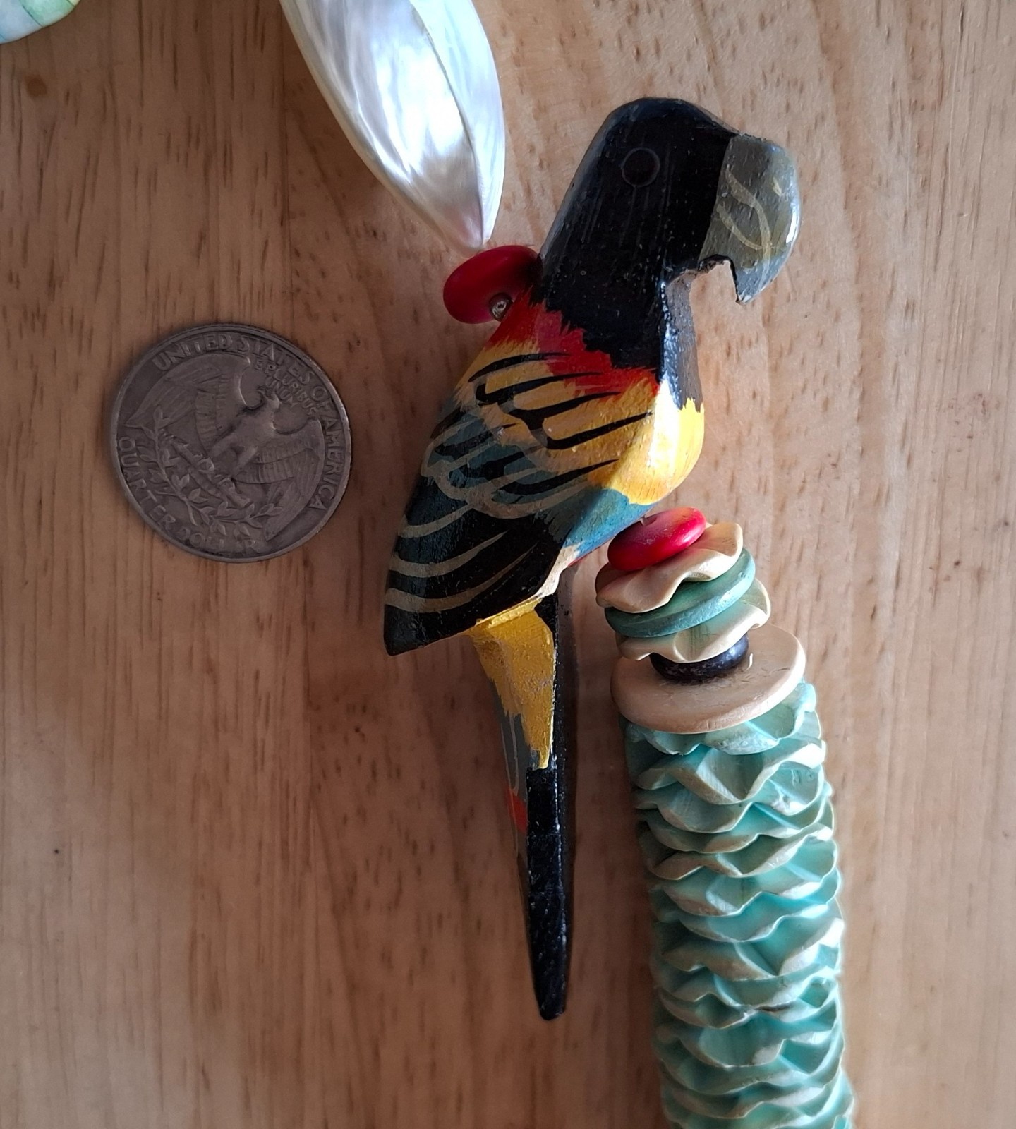 Vintage Tropical Jewelry Hand-Carved Parrots, Wood Beads, Seeds Necklace