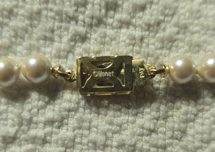 Monet Classic Hand Knotted Faux Pearl 16.5” Necklace Box Clasp Vintage Signed