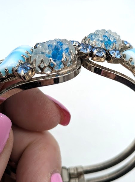 Vintage Rhinestone Clamper Bracelet Crackle Cabochon Blue Glass