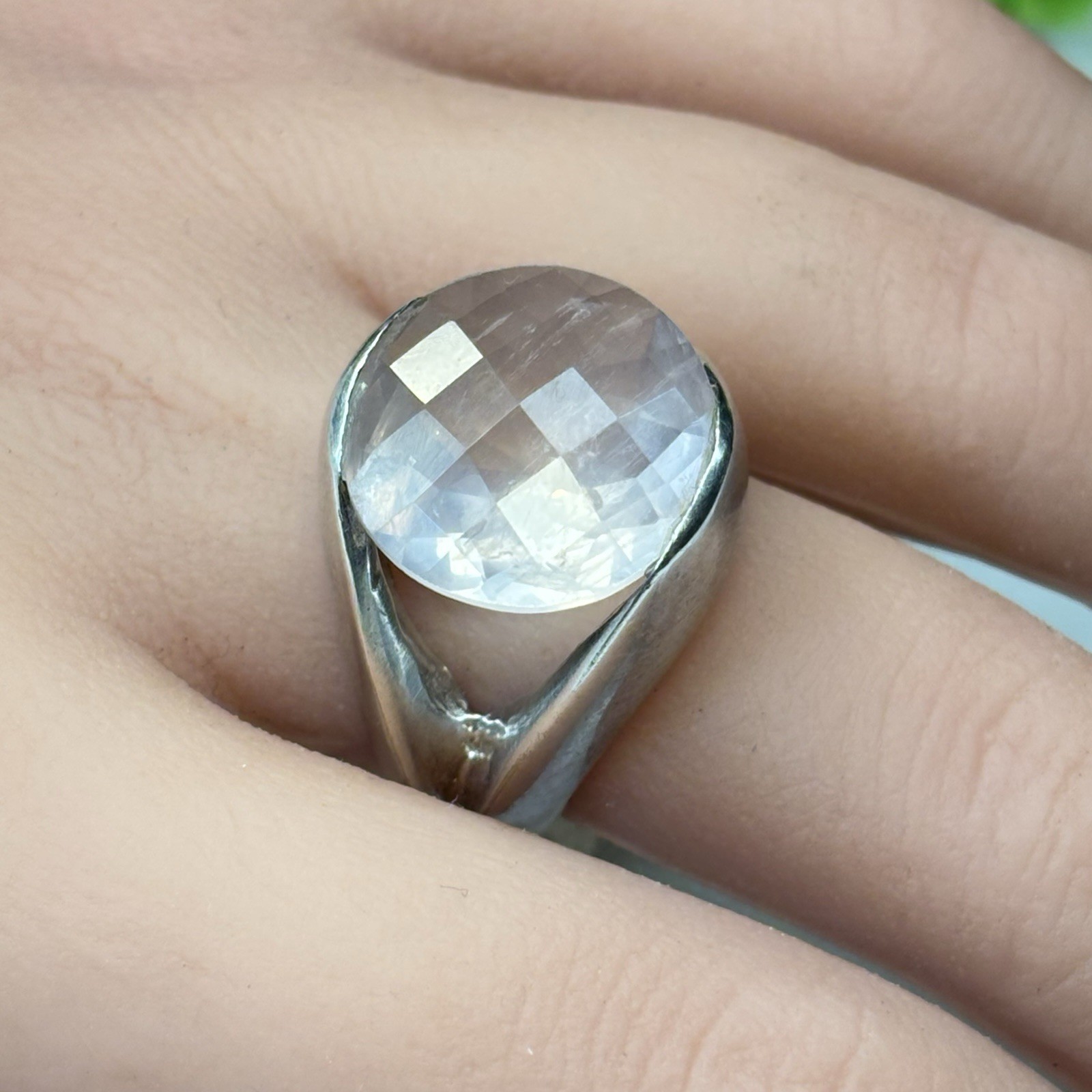 Vtg Hand Cast Sterling Silver 925 Faceted Round Pink Quartz Band Ring Size 7