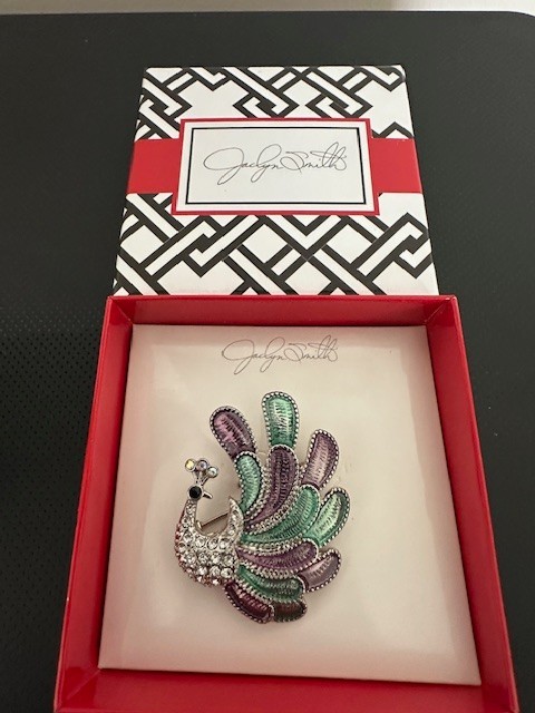Vintage Jaclyn Smith Peacock Brooch Enamel Rhinestone Silver-Tone