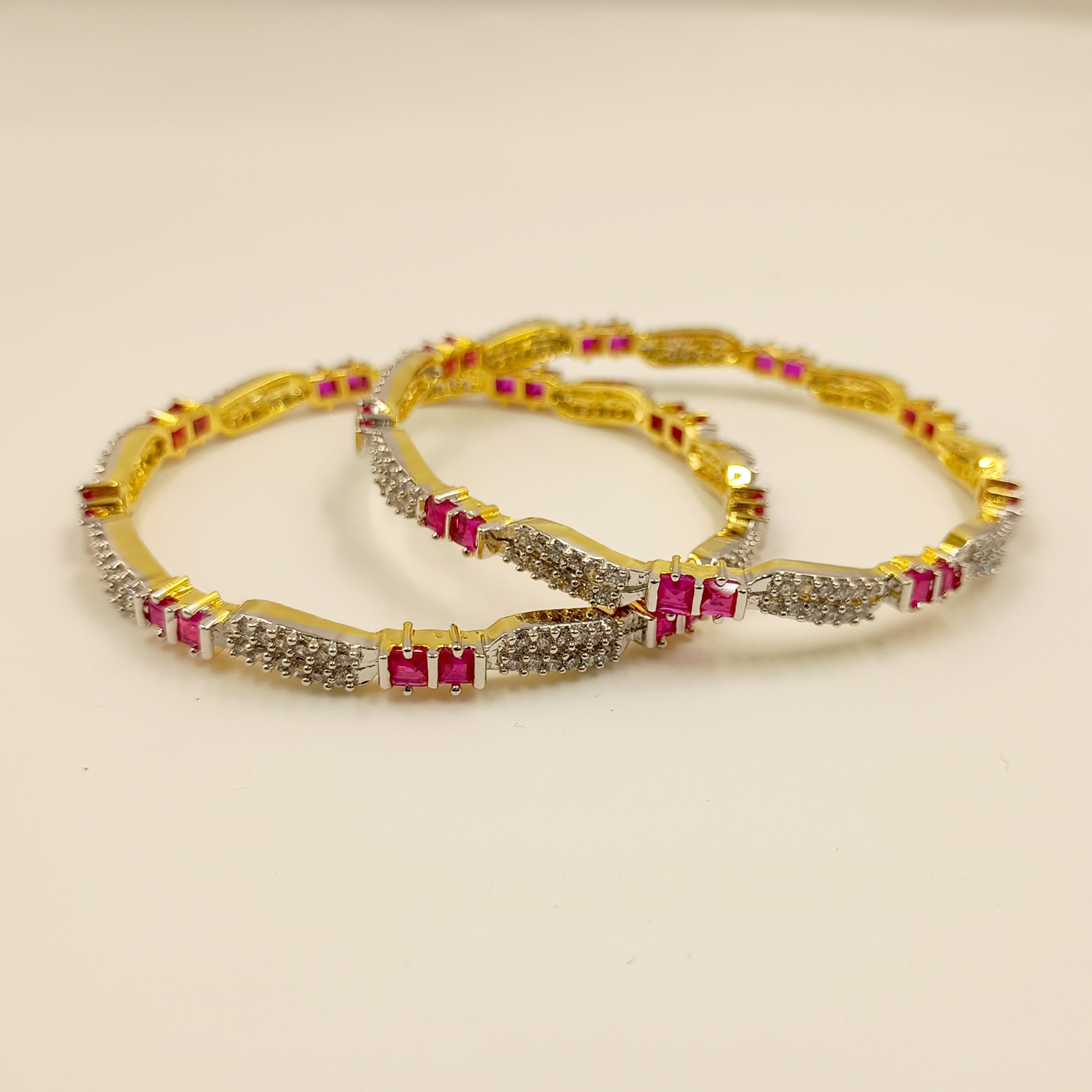 Designer Ruby & Cubic Zirconia Bangle Set Handmade 22K Gold Plated Ethnic Style