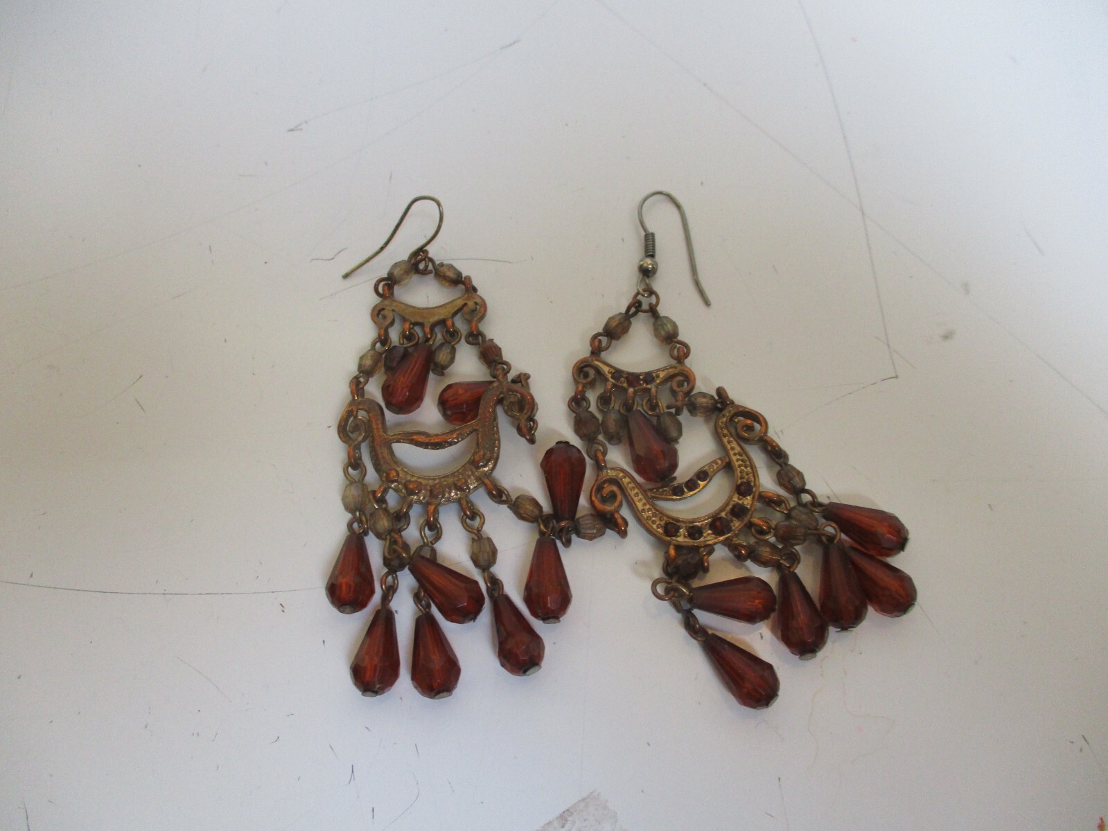 Vintage Bronze Color Dangle Hook Earrings w/ Brown Rhinestones & Bead Dangles
