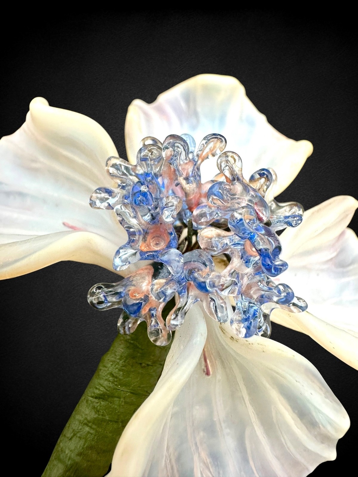 Large French Studio Art Glass Orchid Flower Brooch Opalescent Petals Lampwork