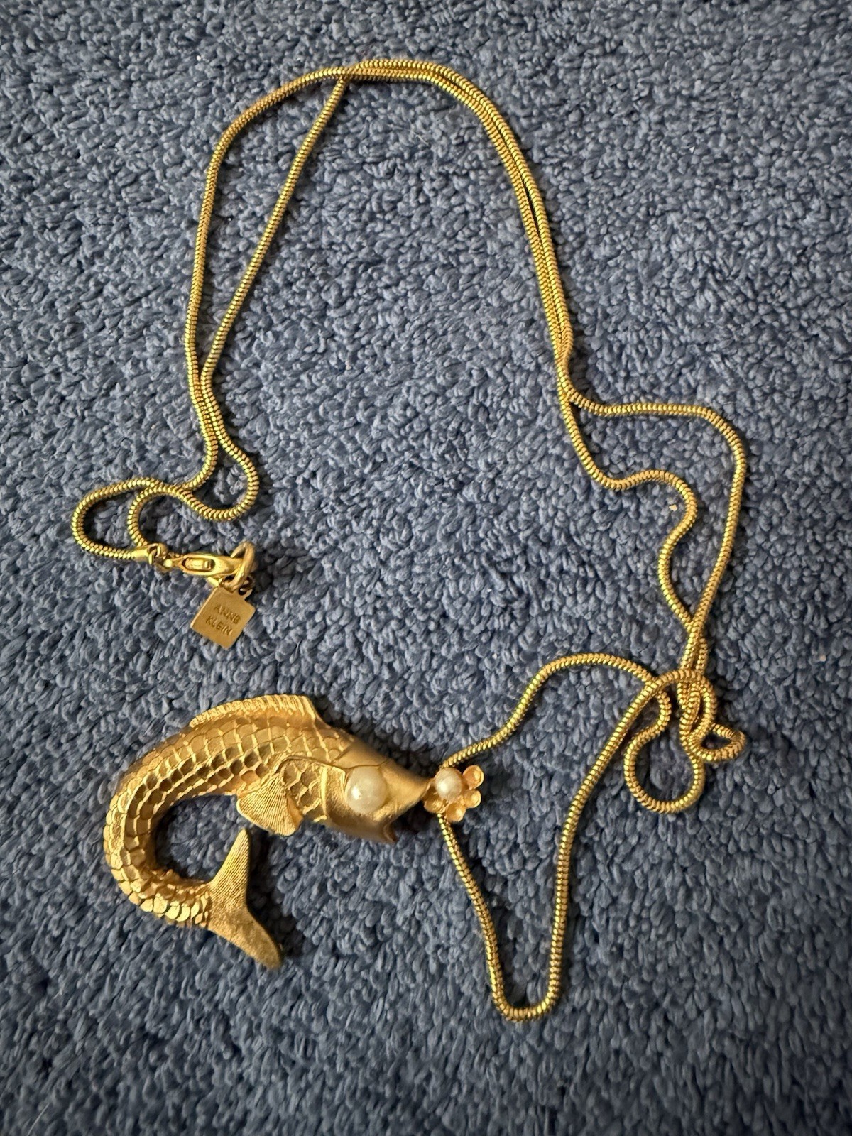 Vintage 1990s Anne Klein Necklace Matte Gold Tone Koi Fish With Pearl Eye & Mout