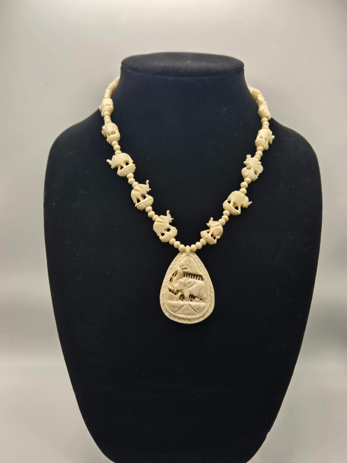 Vintage Carved Celluloid Elephant Necklace, MCM