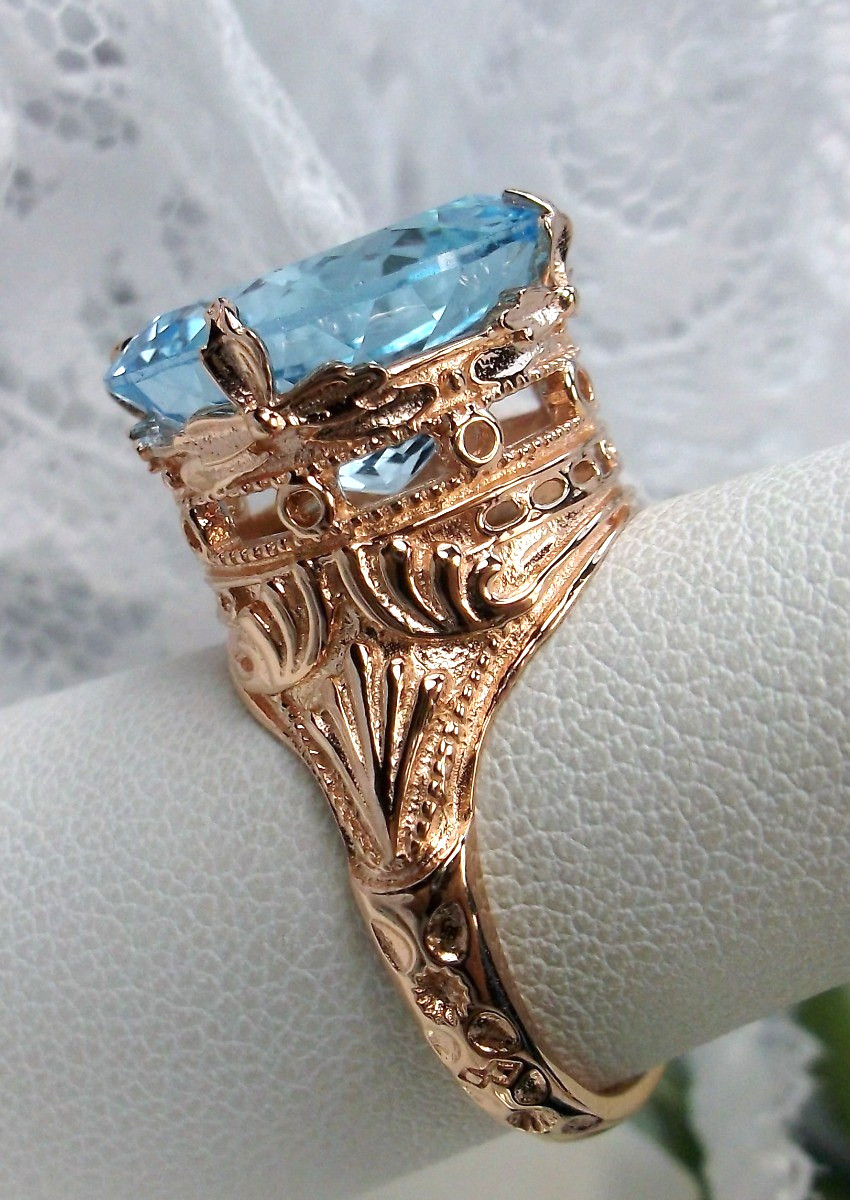 NATURAL 18ct Blue Topaz Sterling Rose Gold Filigree Ring (Custom-Made)* D52