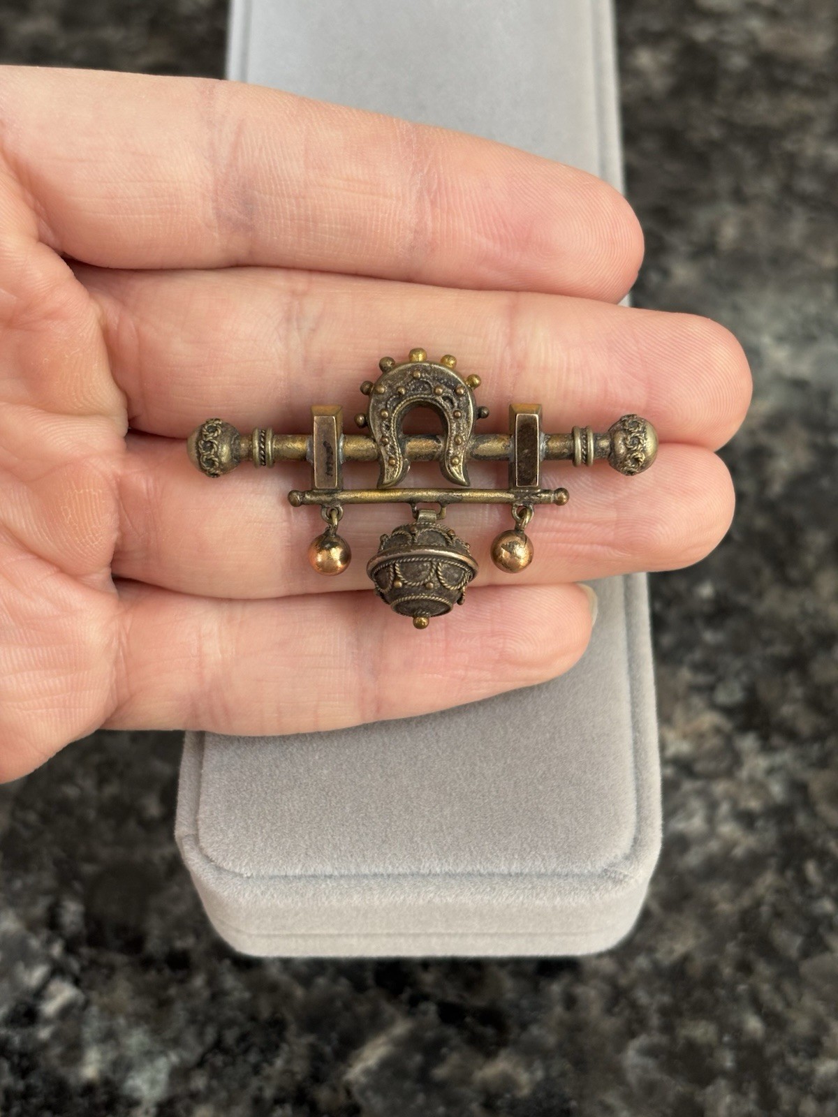 Antique Victorian Etruscan Horseshoe Rolled Gold Dangle Ball Brooch Pin Very Old