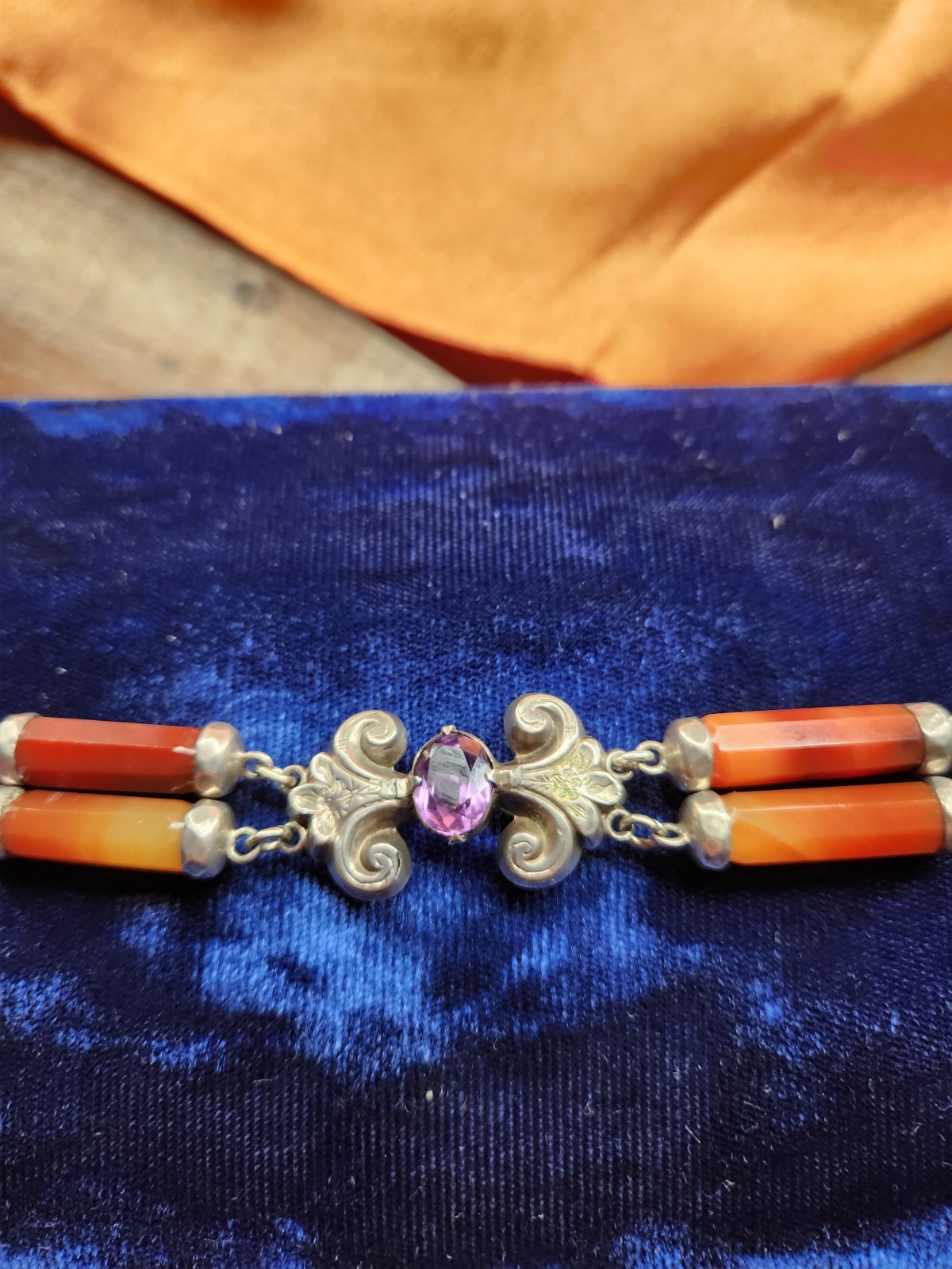 VINTAGE ANTIQUE SILVER SCOTTISH AGATE & AMETHYST BRACELET HOOK CLASP