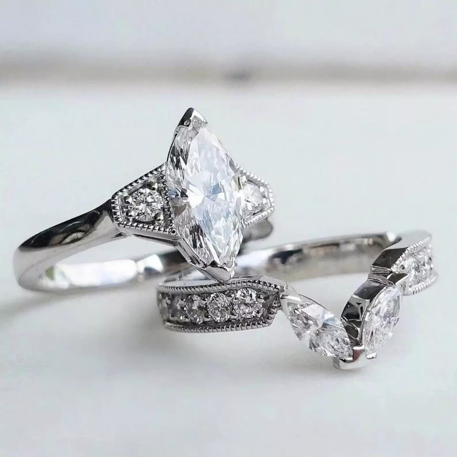 2.0Ct Marquise Lab Created Art Deco Style Engagement 925 Silver Ring Set