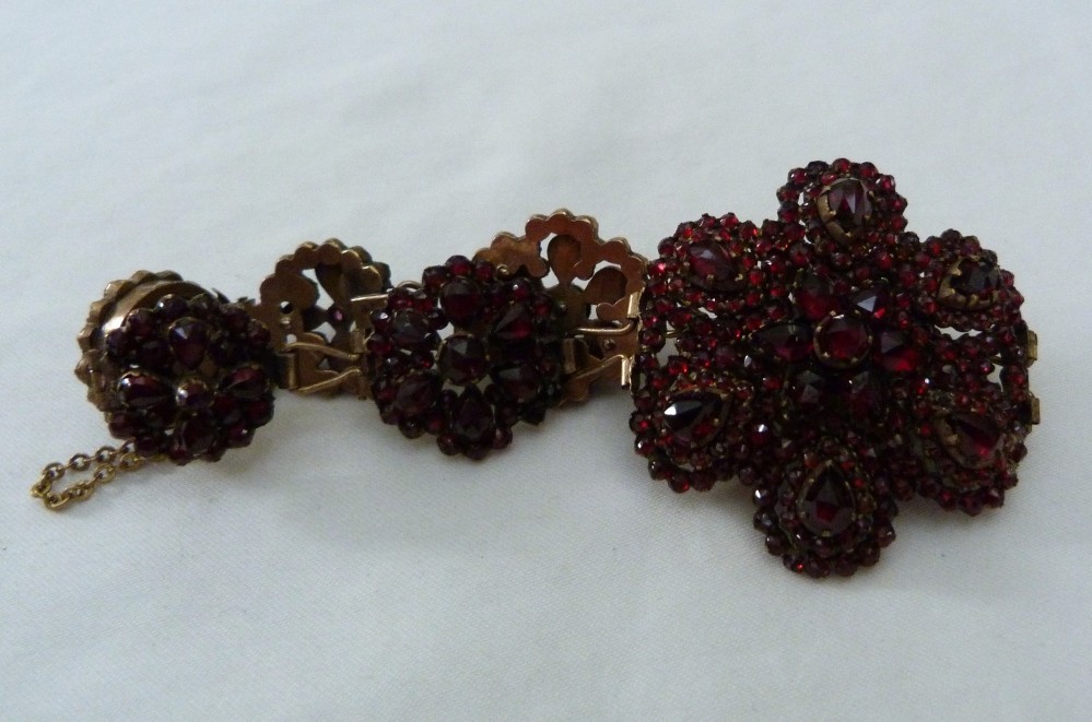 1 5/8″ WIDE ANTIQUE VINTAGE BOHEMIAN GARNET GOLD GILT STERLING SILVER BRACELET