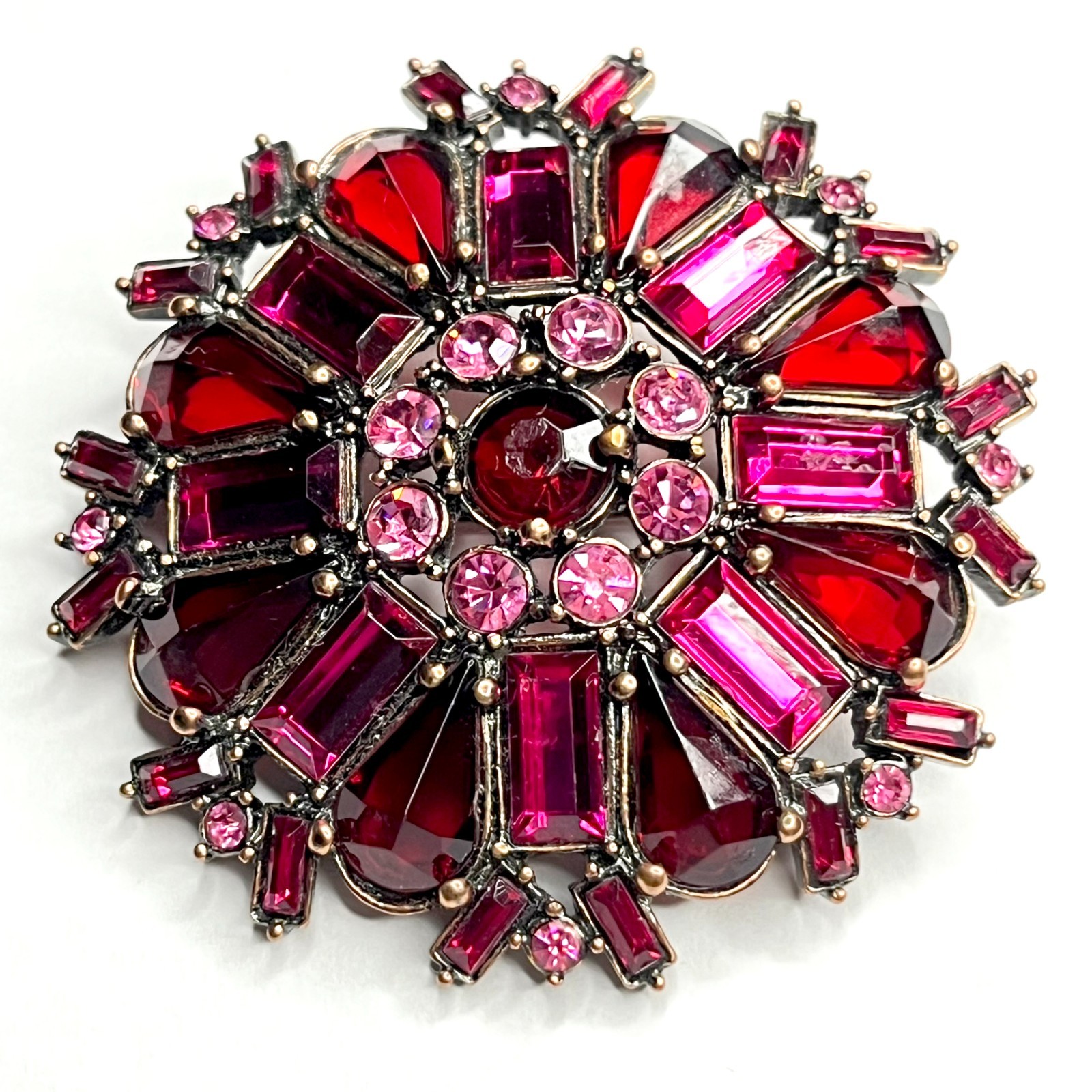 VTG Large Flower Snowflake Brooch Pin Red Fuchsia Pink Purple Glass Rhinestones