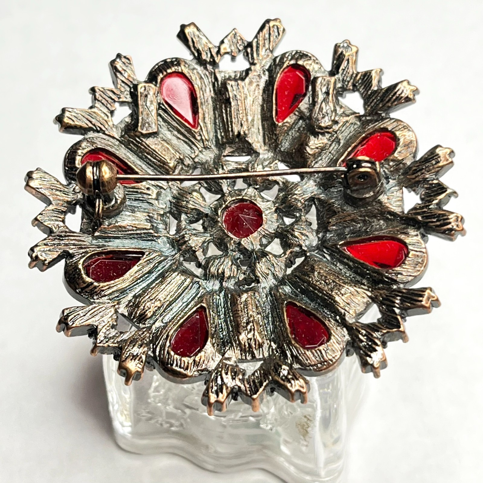 VTG Large Flower Snowflake Brooch Pin Red Fuchsia Pink Purple Glass Rhinestones