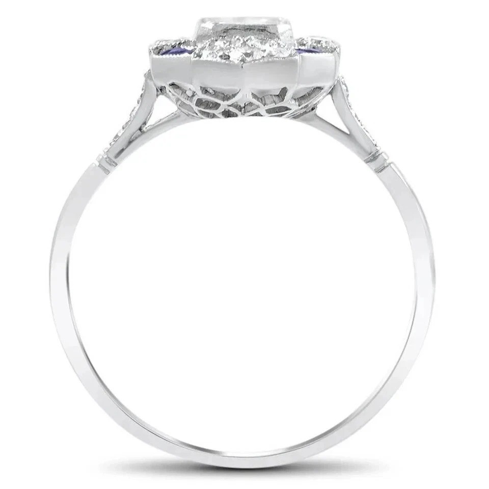 Art Deco Emerald Cut Lab Created Diamond & Sapphire Engagement 925 Silver Ring