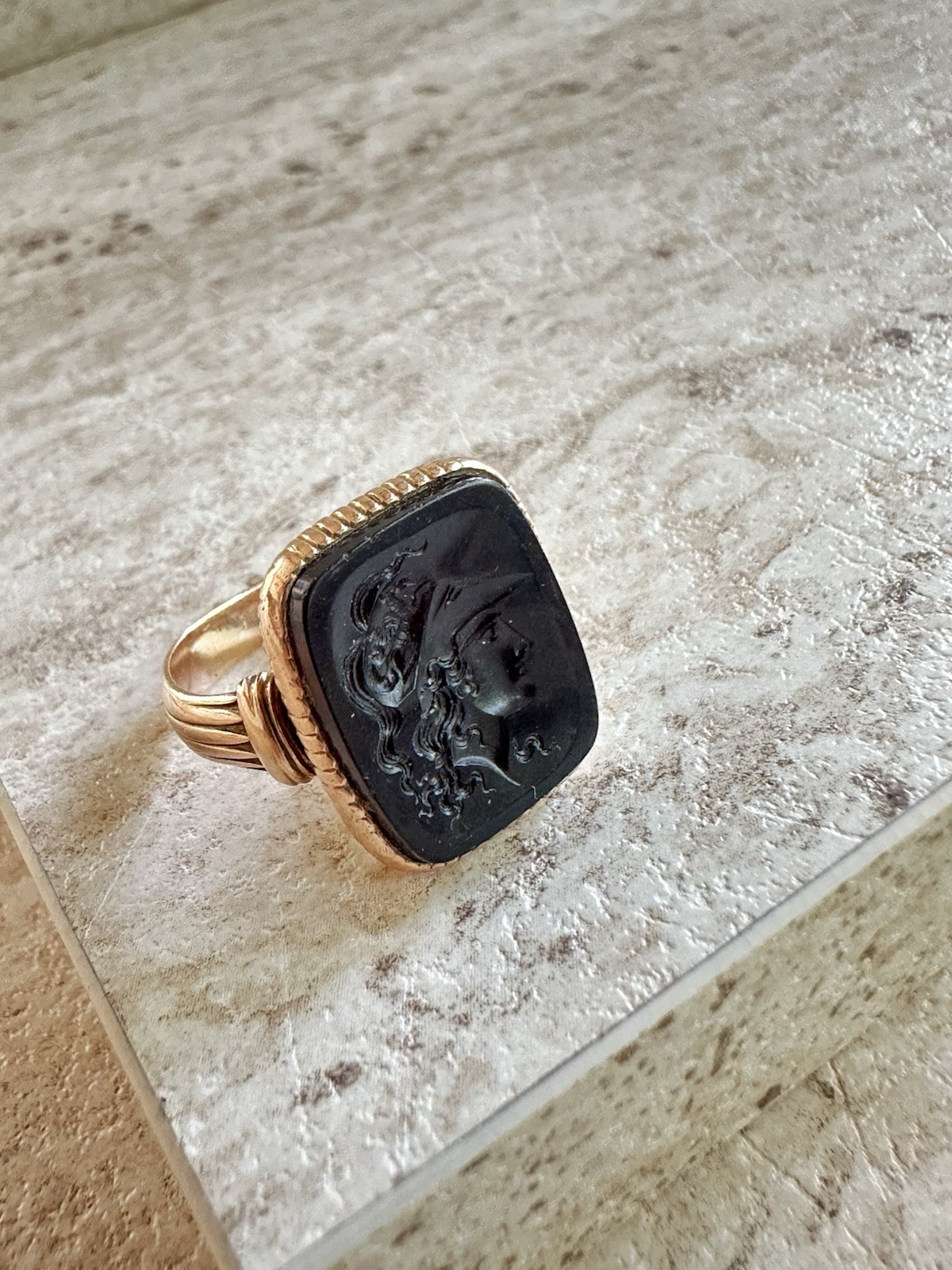 An authentic Victorian Black Onyx ring Intaglio 14k Rose Gold from 1886 size 9.5