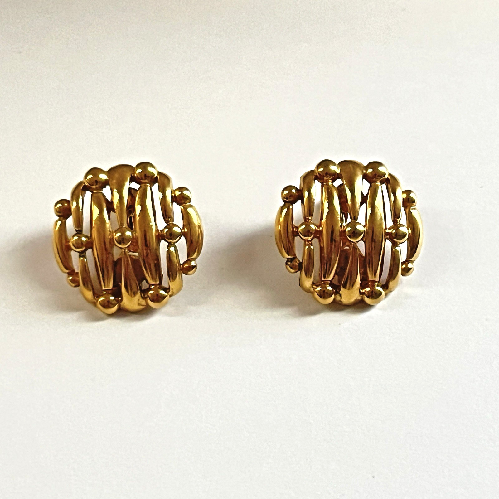 Vintage Monet Shiny Gold Tone Basketweave Clip Earrings Very Good Condition
