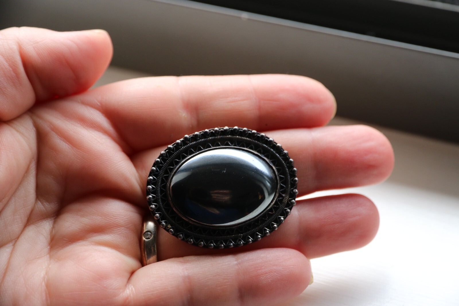 Art Deco SILVER Embossed BROOCH – Large Hematite