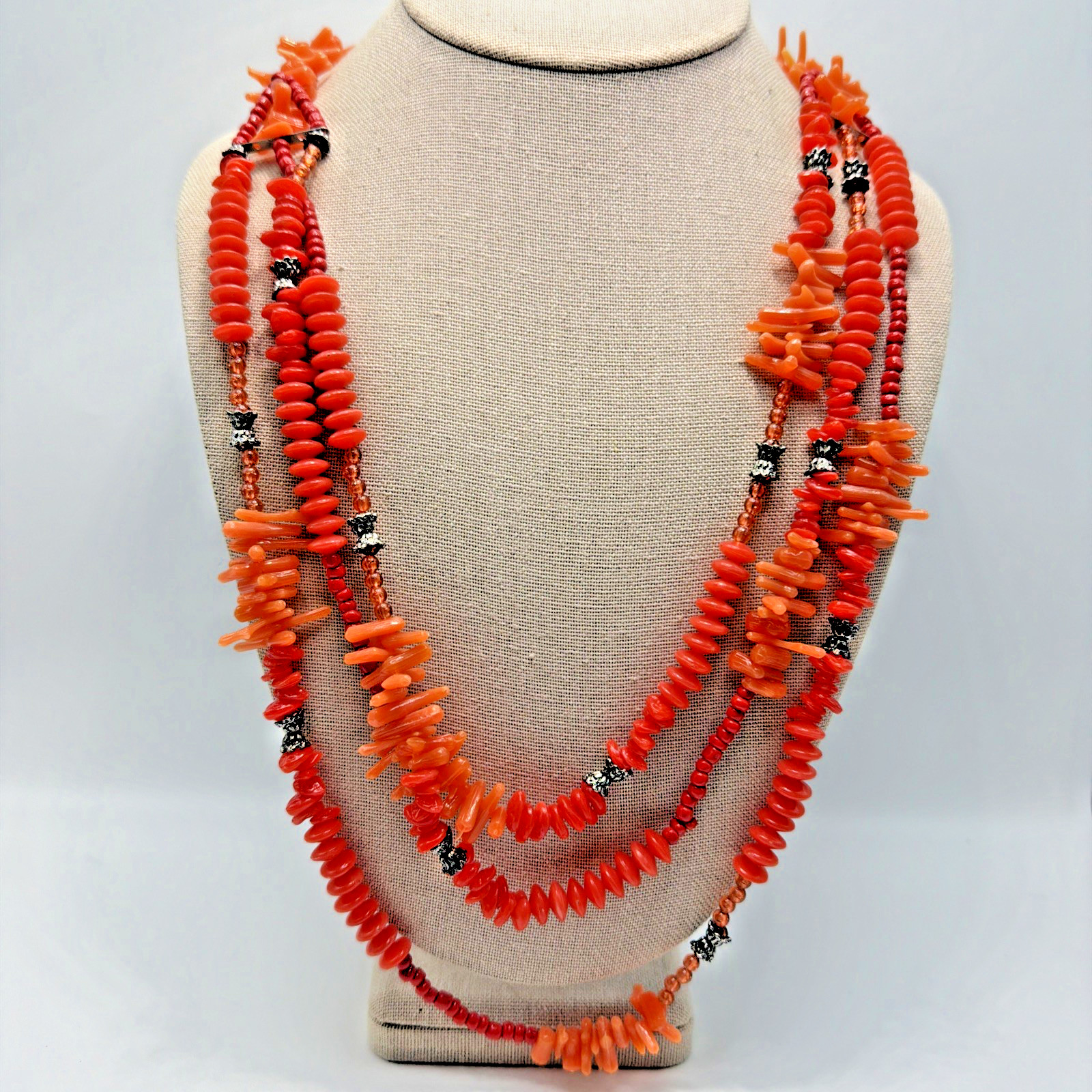 Vintage Faux Coral Necklace Orange Acrylic & Lucite Multi Strand Size 28.5”