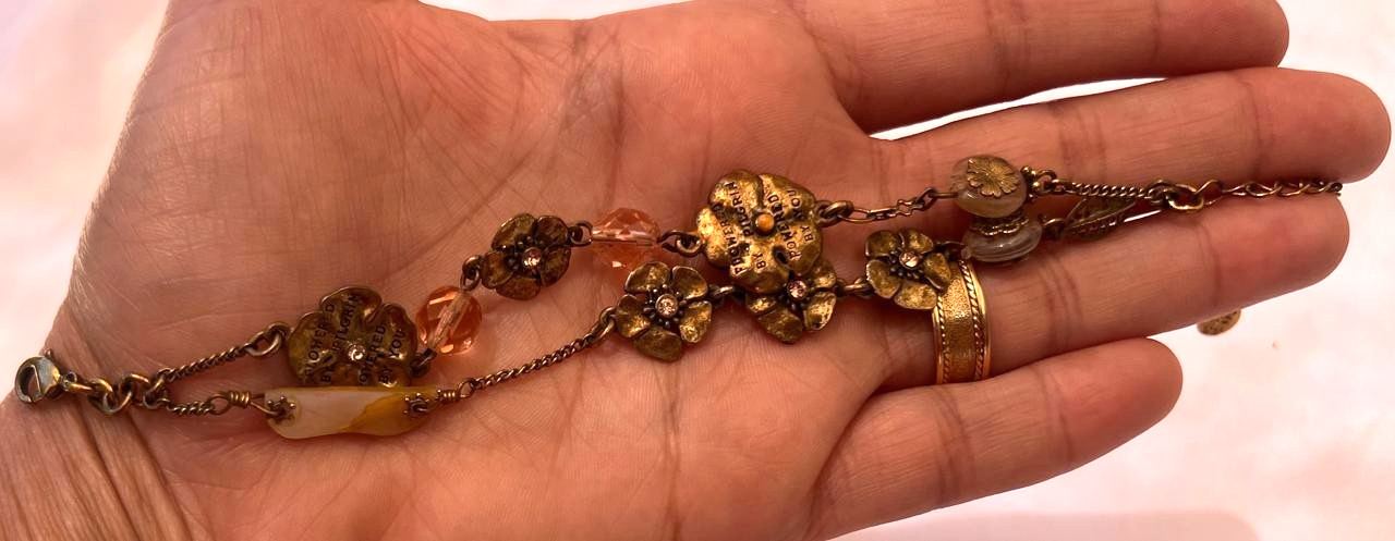 Vintage Brass Floral Bracelet Pink Bead Accents Boho Antique Style Jewelry