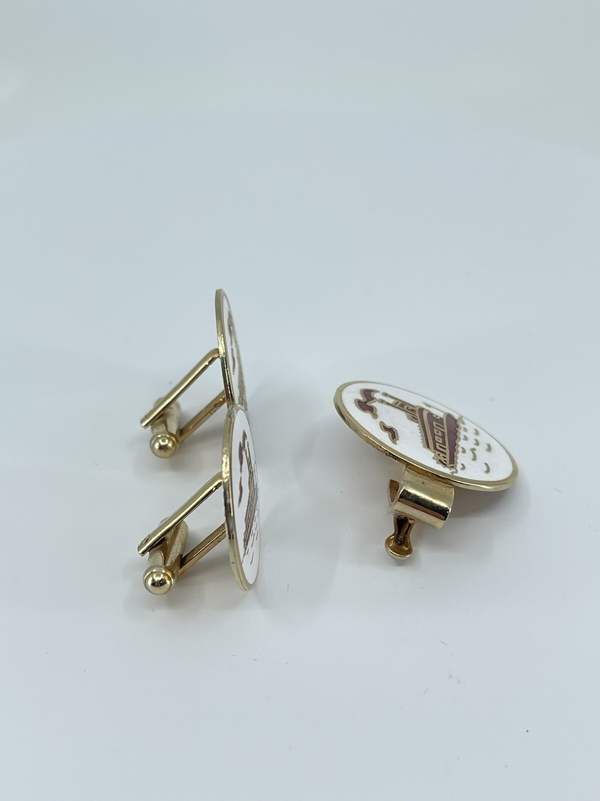Mr Tara River boat cufflinks and tie clip set red gold white enamel 1″