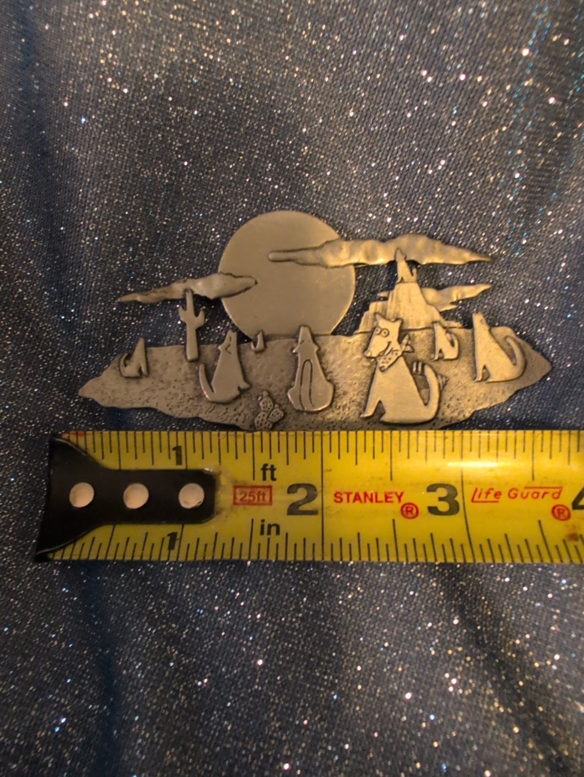 Vintage JJ Jonette Coyotes Howling At Moon Brooch Pewter Whimsical Southwestern