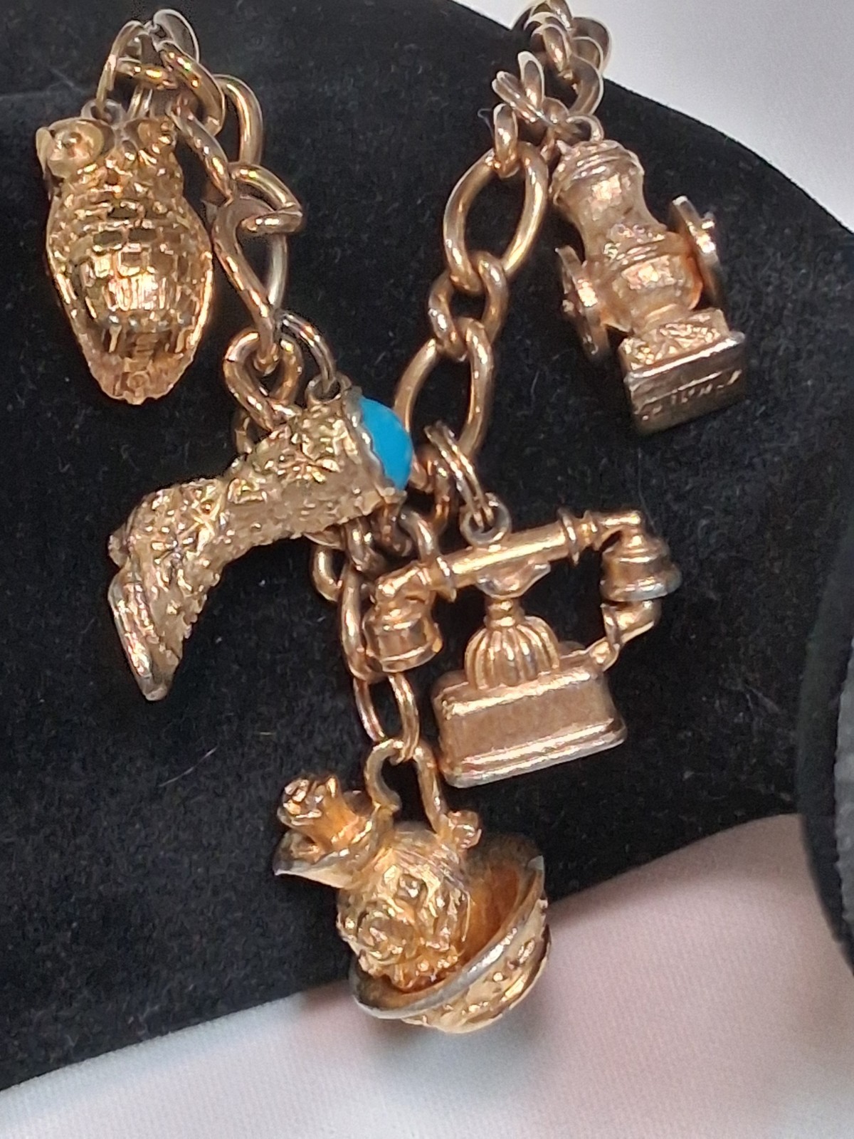 Vintage Avon Charm Bracelet Gold Toned Phone Tea Pot Owl Shoe Signed