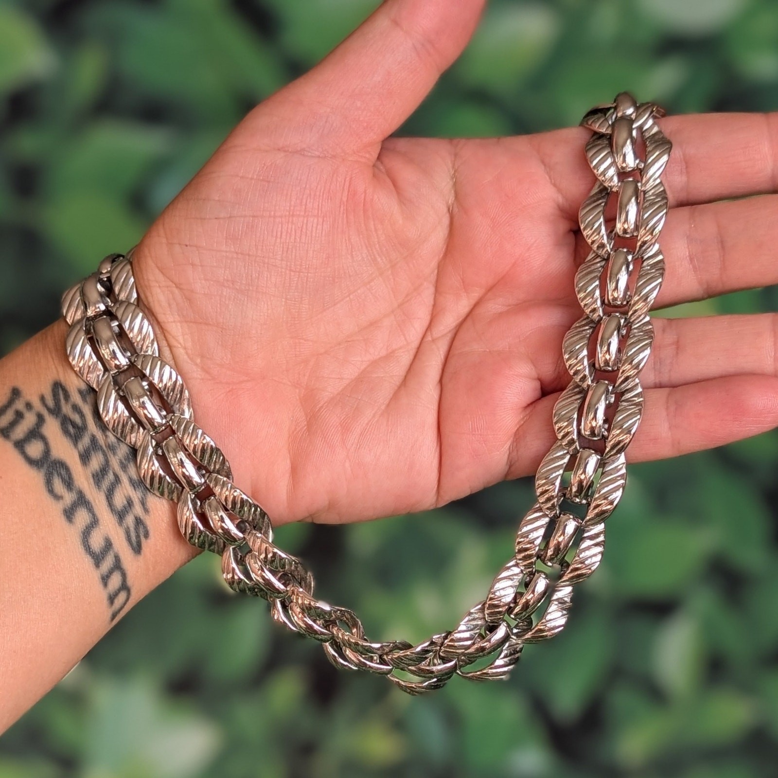 Vintage Monet Silver Chain Necklace Collar Chunky Wide 70s Signed Links