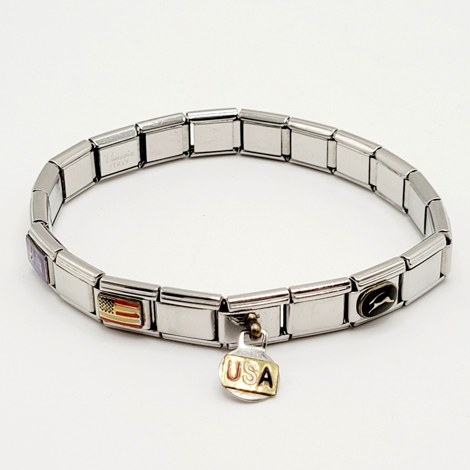 Vintage Italian Style Modular Stainless Steel Charm Bracelet w Mom USA Flag Dog