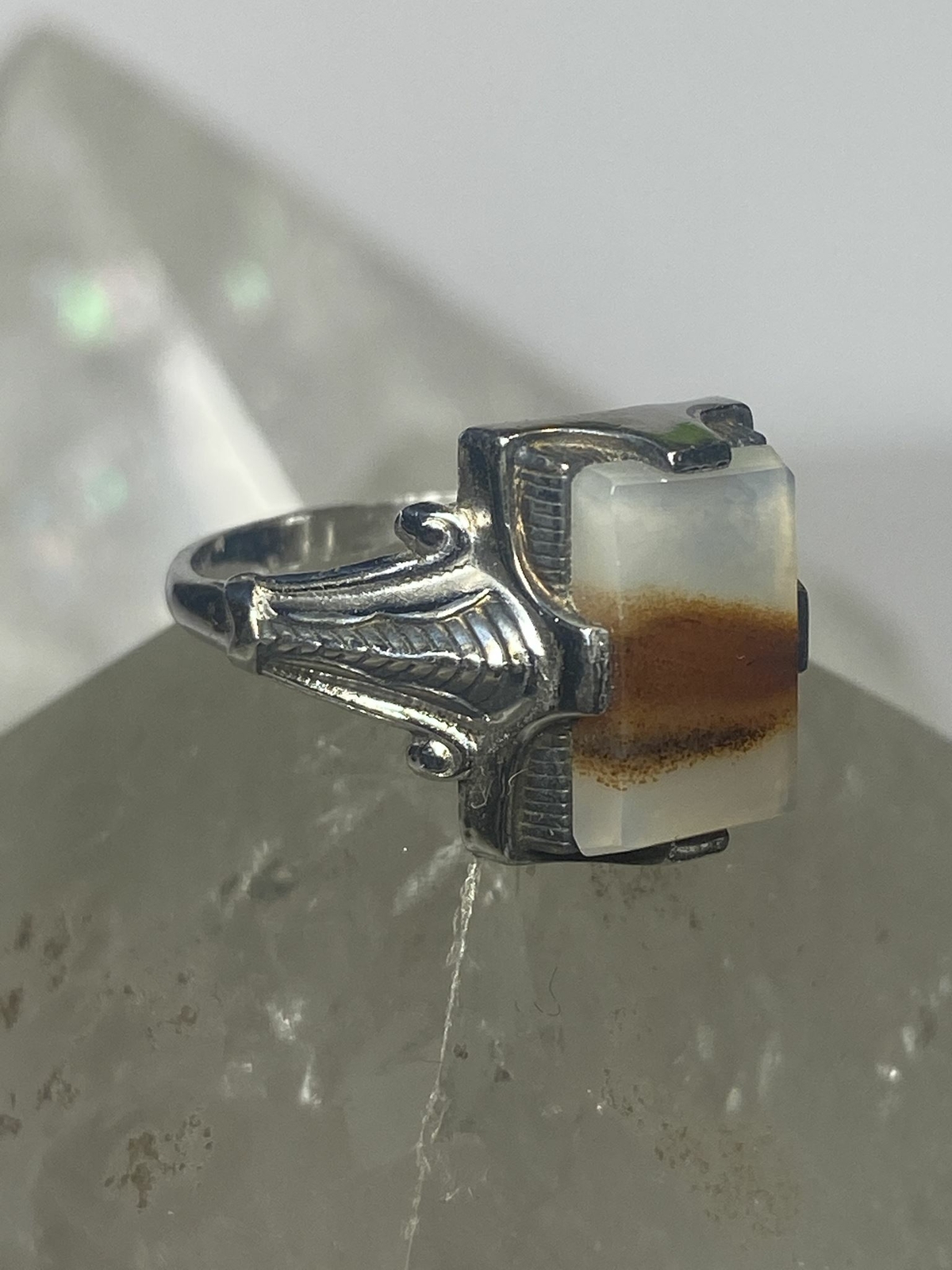 Agate ring Art Deco sterling silver women