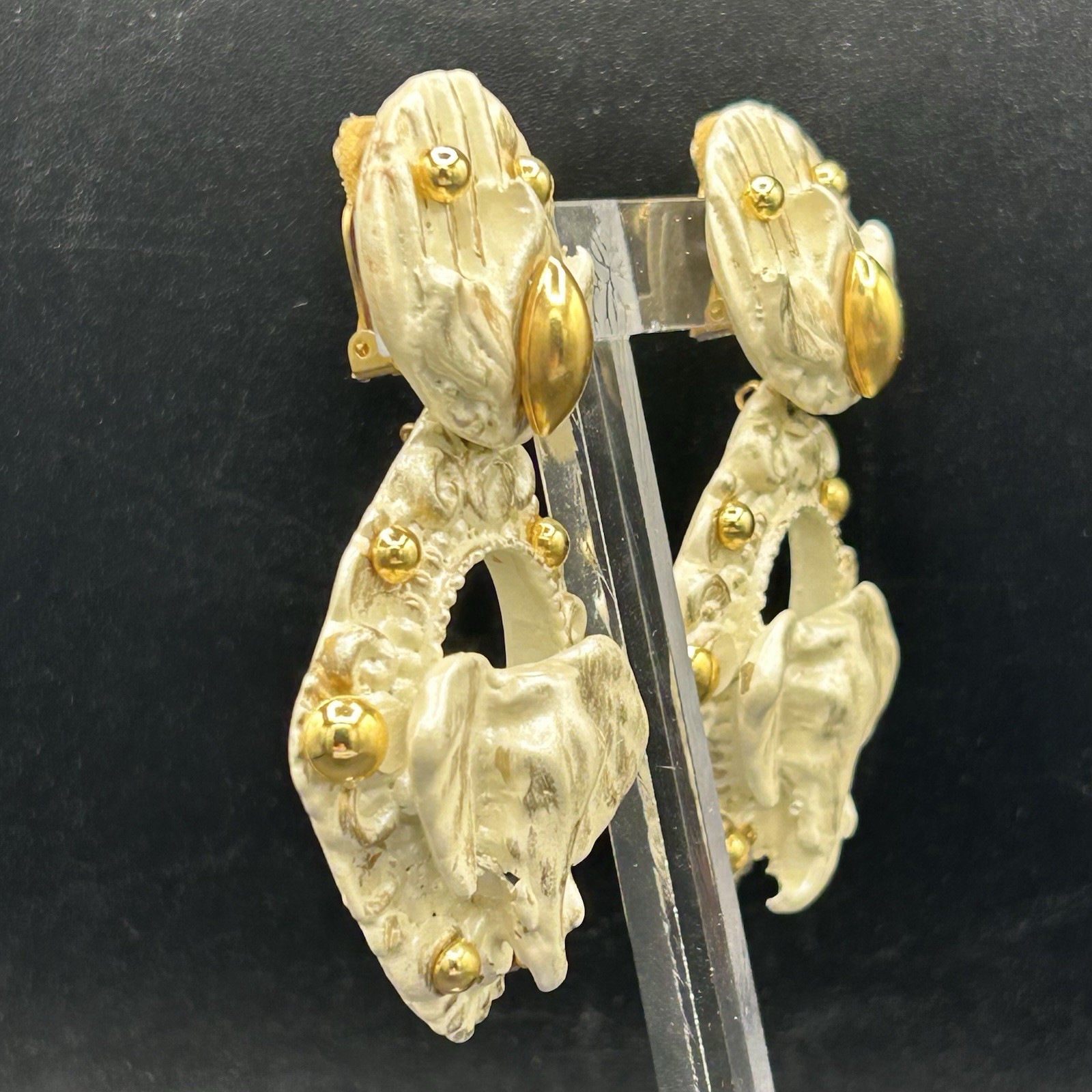 Vintage 80s 90s Jeff Lieb Elephant Clip-On Earrings Cream Gold
