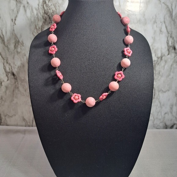Vintage Handmade Women’s Necklace Pink Cotton Candy Natural Stones, Faux Pearls