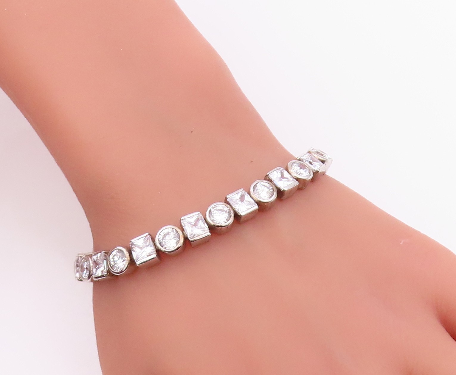 925 Sterling Silver Vintage Bracelet Bezel Set Topaz Geometric Link BT12110