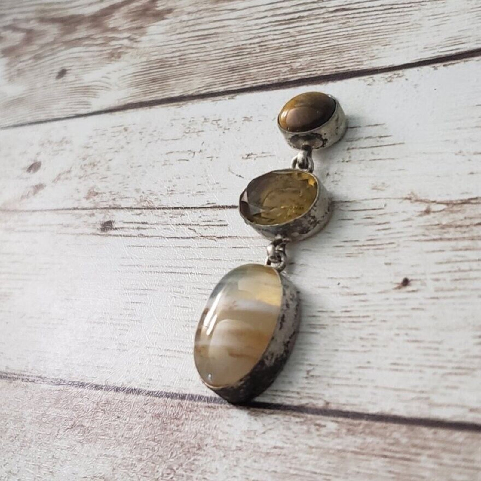 Vintage Pendant Stone Trio Dangle – Tarnished – No Chain Included
