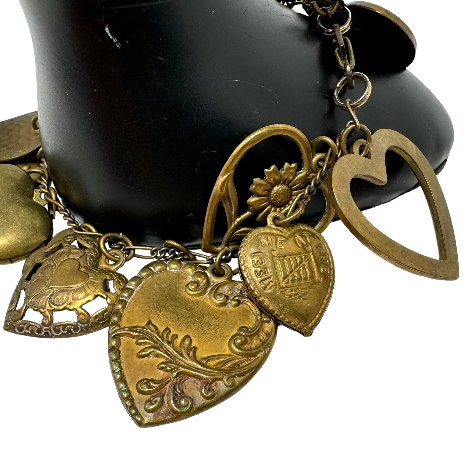 Victorian Style Bronze Color Embossed Fancy Hearts Cherub Charm Bracelet