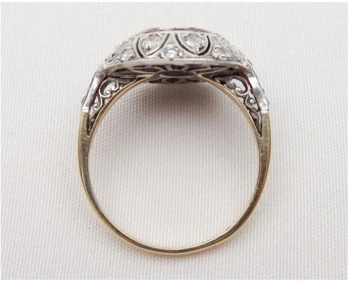 Art Deco Round Lab Created Diamond & Ruby Engagement 14K Yellow Gold Finish Ring