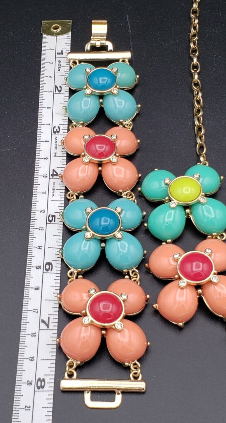 Vintage Set Flower Multicolor Gold Tone Necklace 19 + 3 in & Bracelet 7.5 in