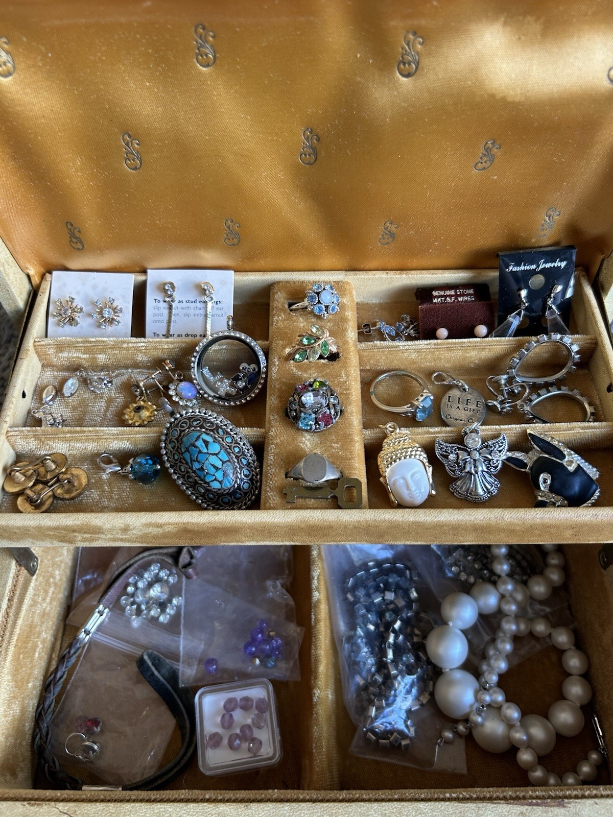 Vintage Estate Jewelry Lot & Box- Rings, Earrings, Pendants- Nice