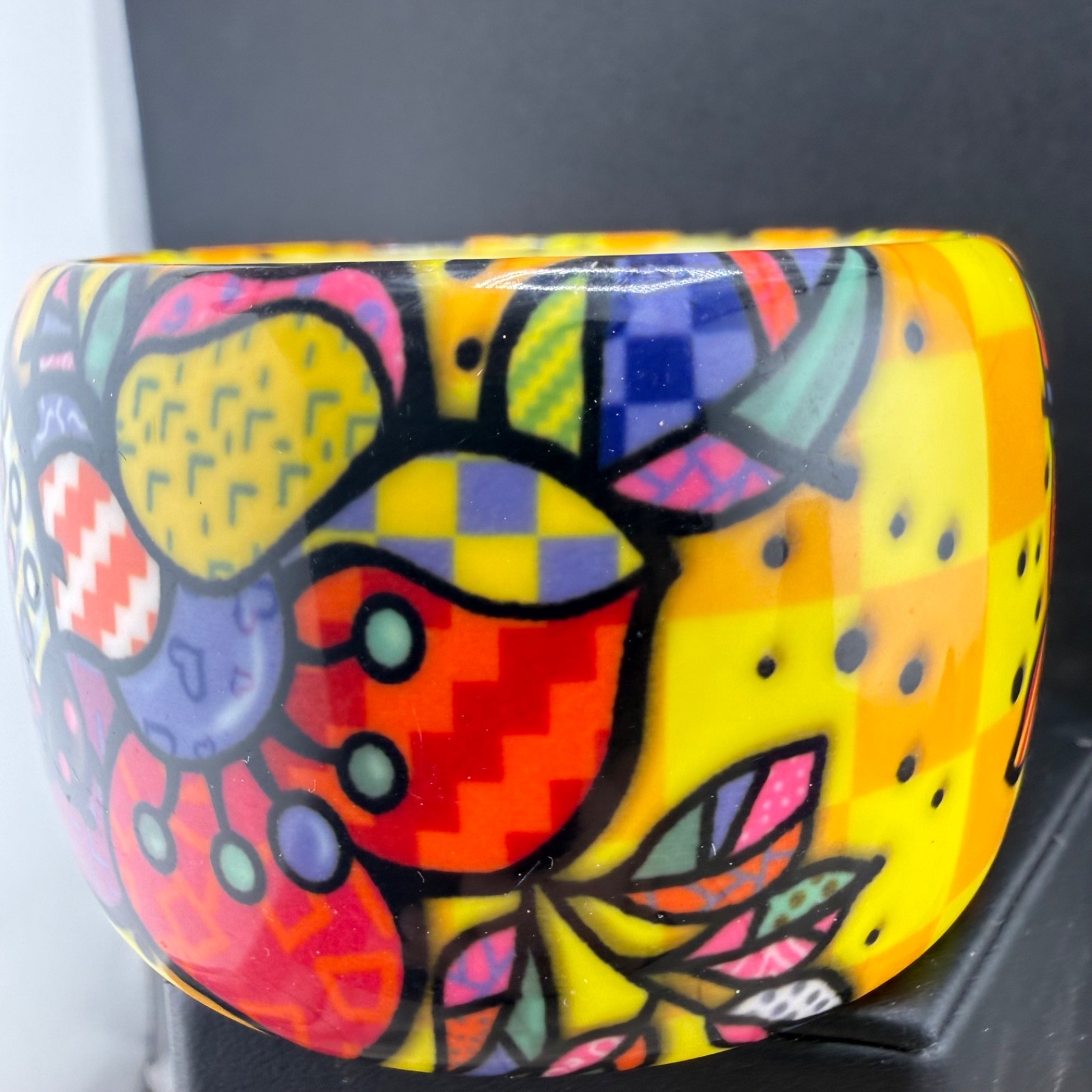 Retro Colorful Bangle Bracelet Wide Chunky Bright Flowers 8.5”