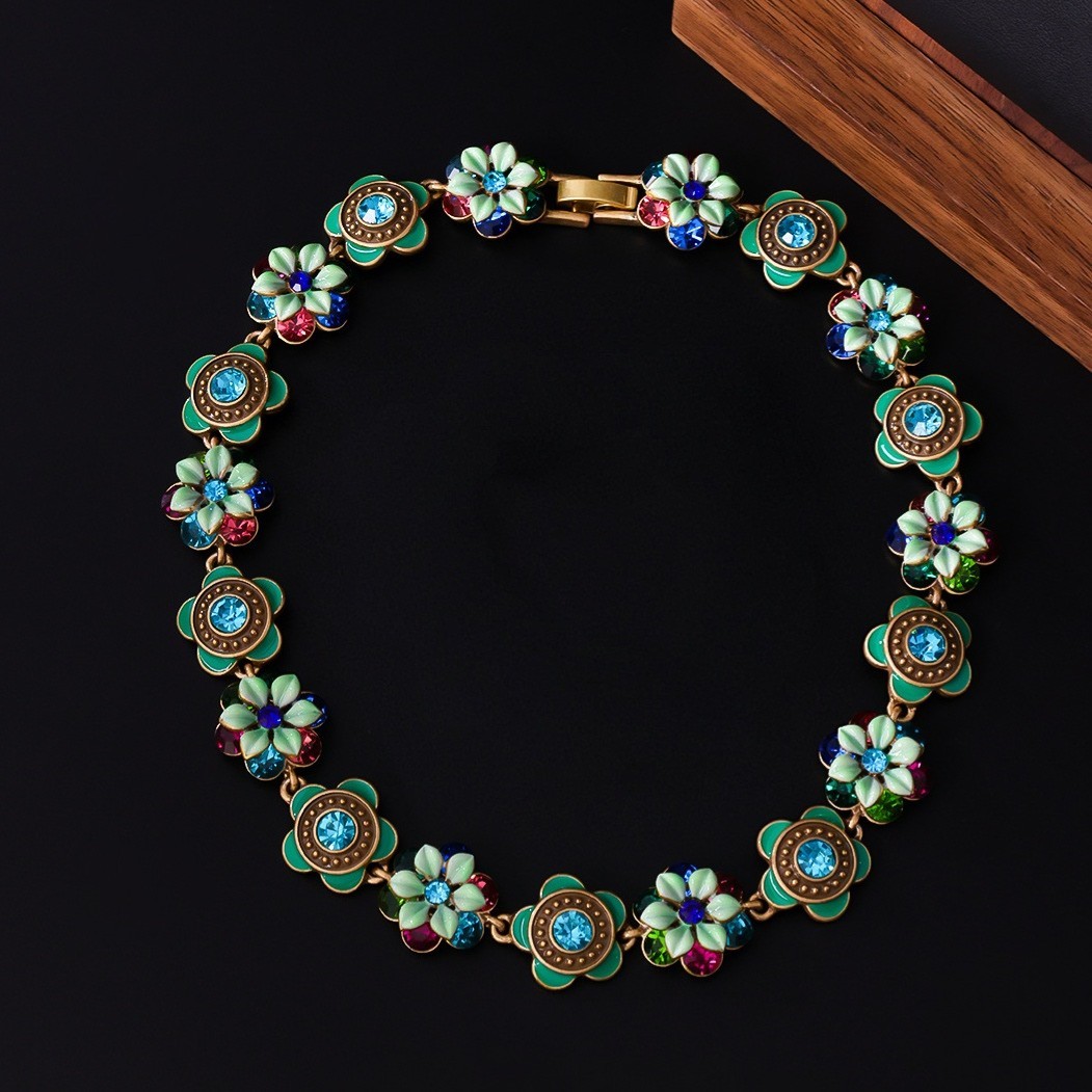 Vintage European Floral Link Necklace Rhinestone Gold Victorian Jewelry Gift