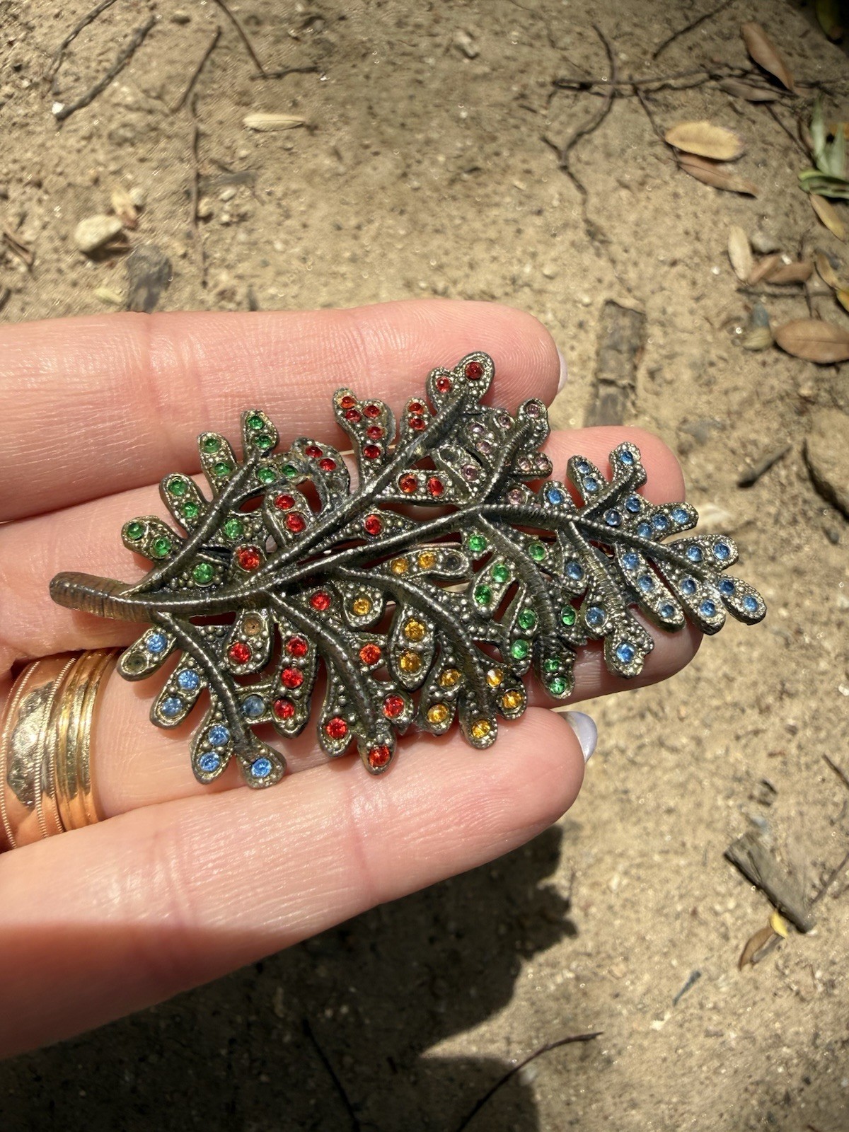 Little Nemo Brooch Leaf Rhinestones Red Blue Green Yellow Silver Tone 2.75”