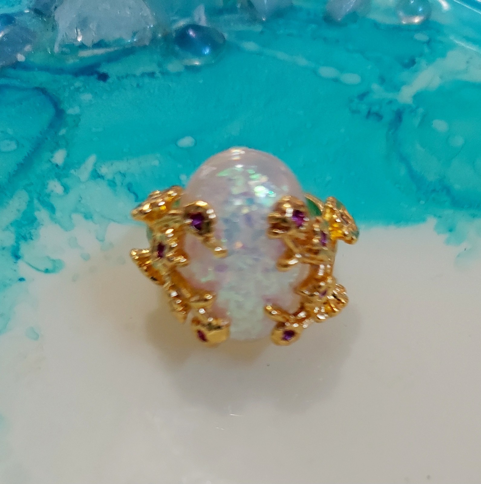 Vintage Style Opal Ring Gold Tone Statement Ring Iridescent Gemstone Jewelry .