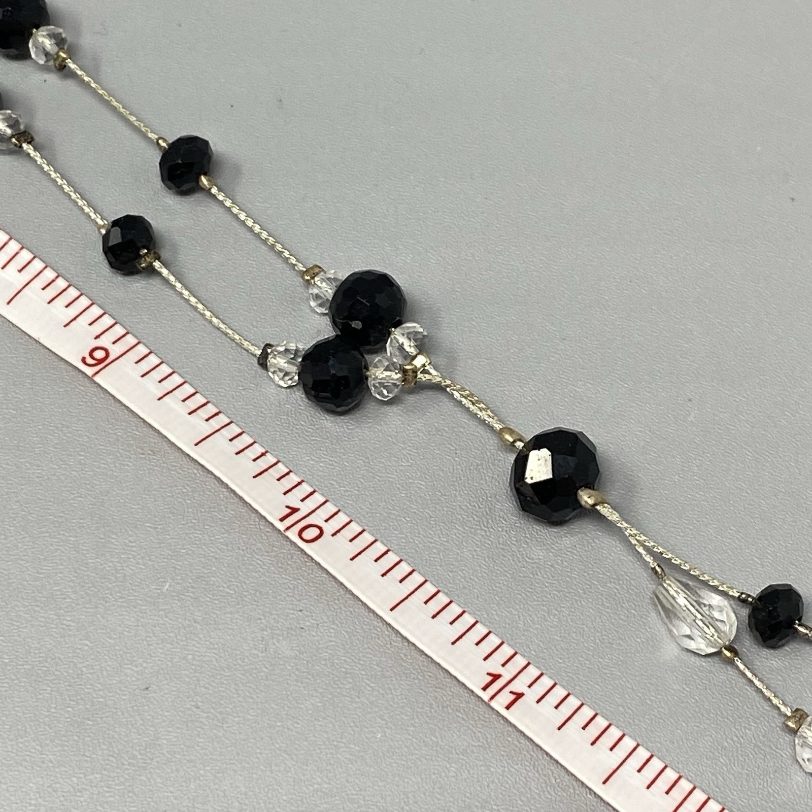 Glass Bead Necklace Black Clear Station Lariat Silver Tone Chain Collar 20″
