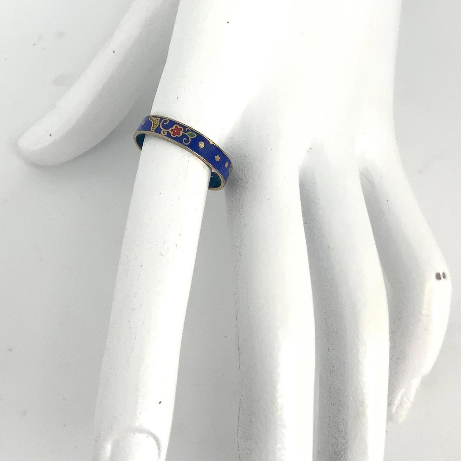 Vintage Cloisonne Enamel Boho Floral Band Ring Blue Gold Tone Size 7.5 Stackable