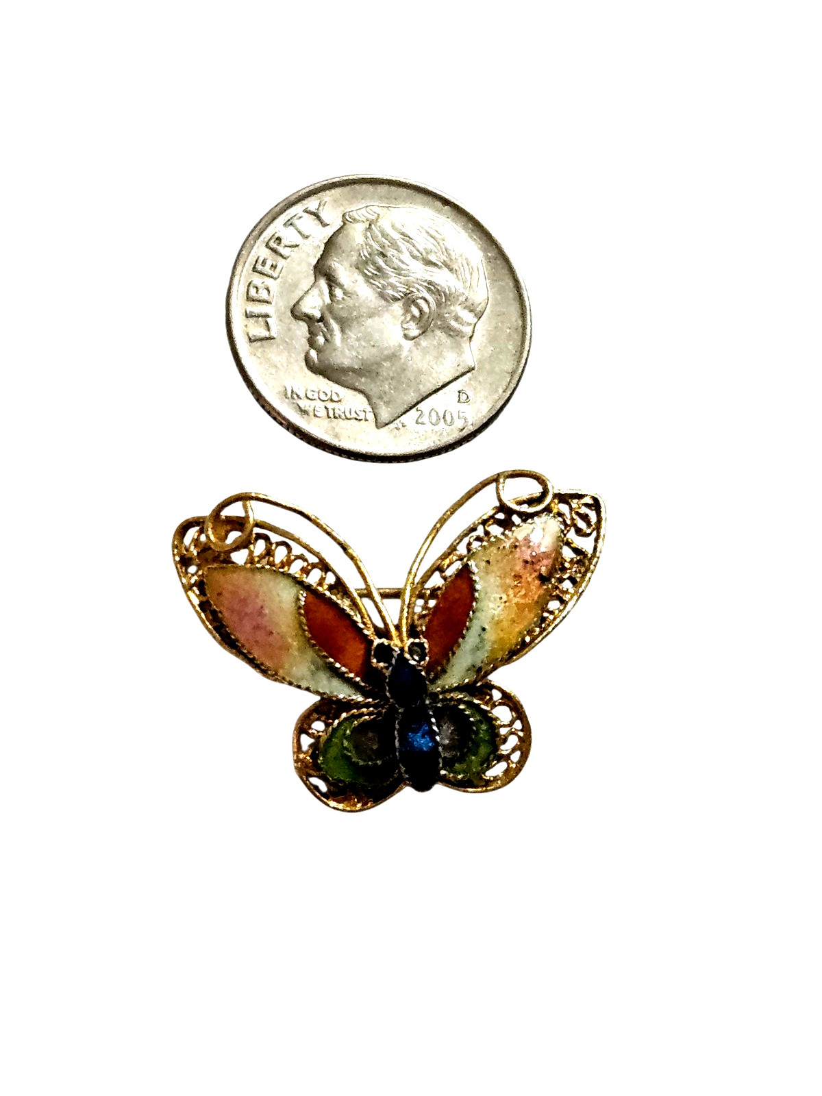 Vintage Gold Tone Butterfly Brooch Filigree Enamel Small Pin ~ 1″ Wide X .75″